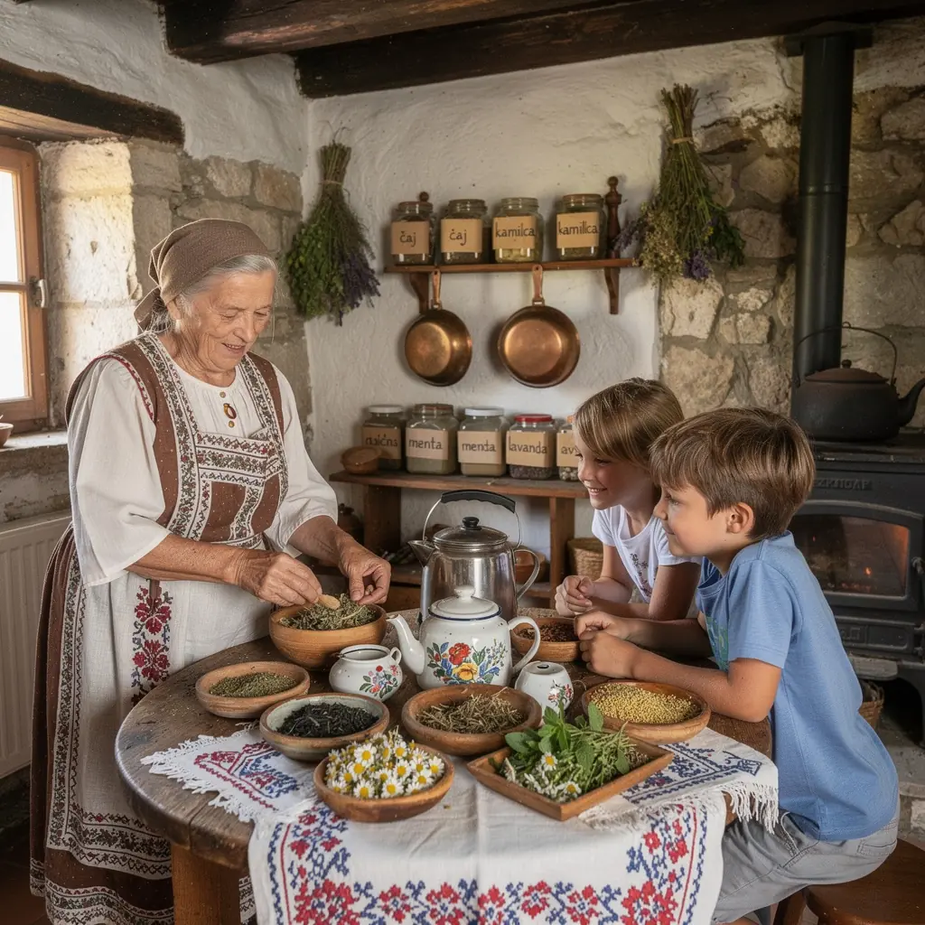 Šalica čaja s cvjetovima kamilice i medom, poslužena na drvenom stolu.