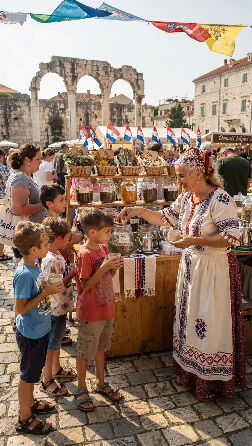 Raznolike vrste čajeva u kutiji s oznakama, predstavljene u prirodnom okruženju.