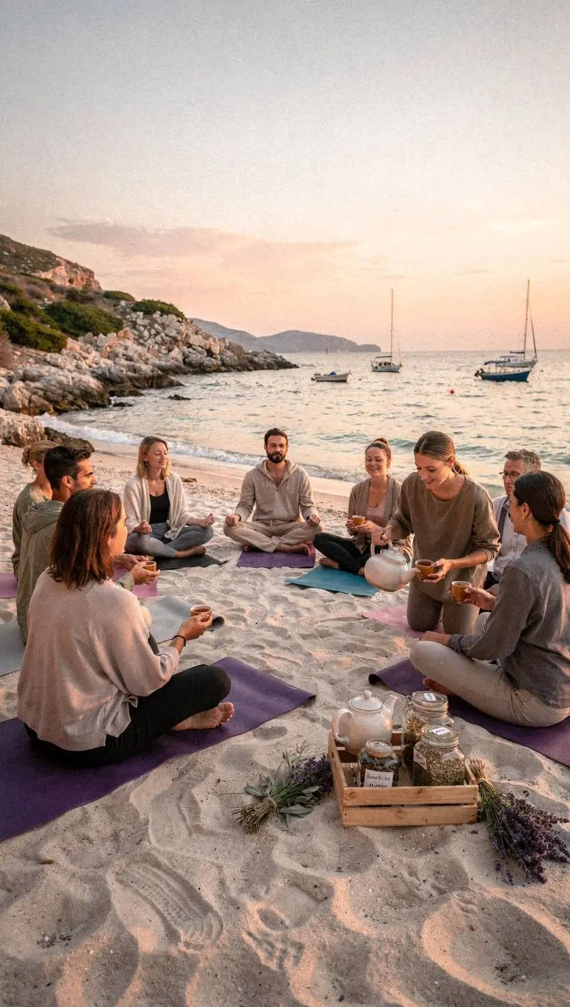 Uživanje u čaju s prijateljima, uz prirodne ukrase i mirisne svijeće.